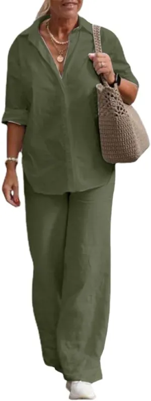 Womens Linen 2 Piece Pant Suits 3/4 Sleeve Button Down Tops and Pant Outfits Casual Summer Business Work Suits