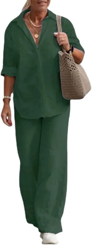 Womens Linen 2 Piece Pant Suits 3/4 Sleeve Button Down Tops and Pant Outfits Casual Summer Business Work Suits