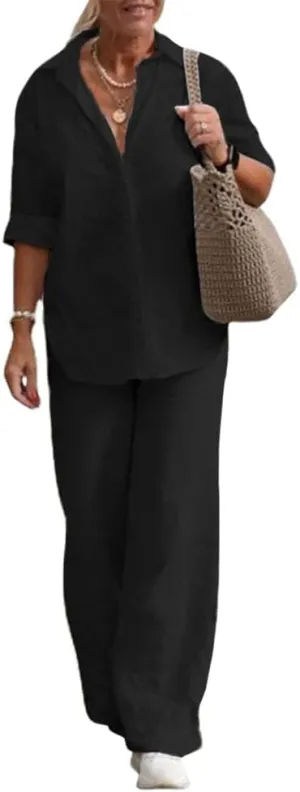 Womens Linen 2 Piece Pant Suits 3/4 Sleeve Button Down Tops and Pant Outfits Casual Summer Business Work Suits