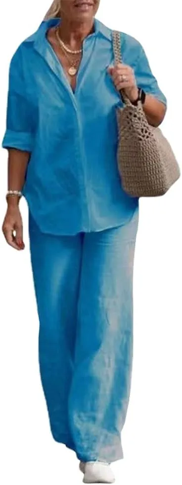 Womens Linen 2 Piece Pant Suits 3/4 Sleeve Button Down Tops and Pant Outfits Casual Summer Business Work Suits