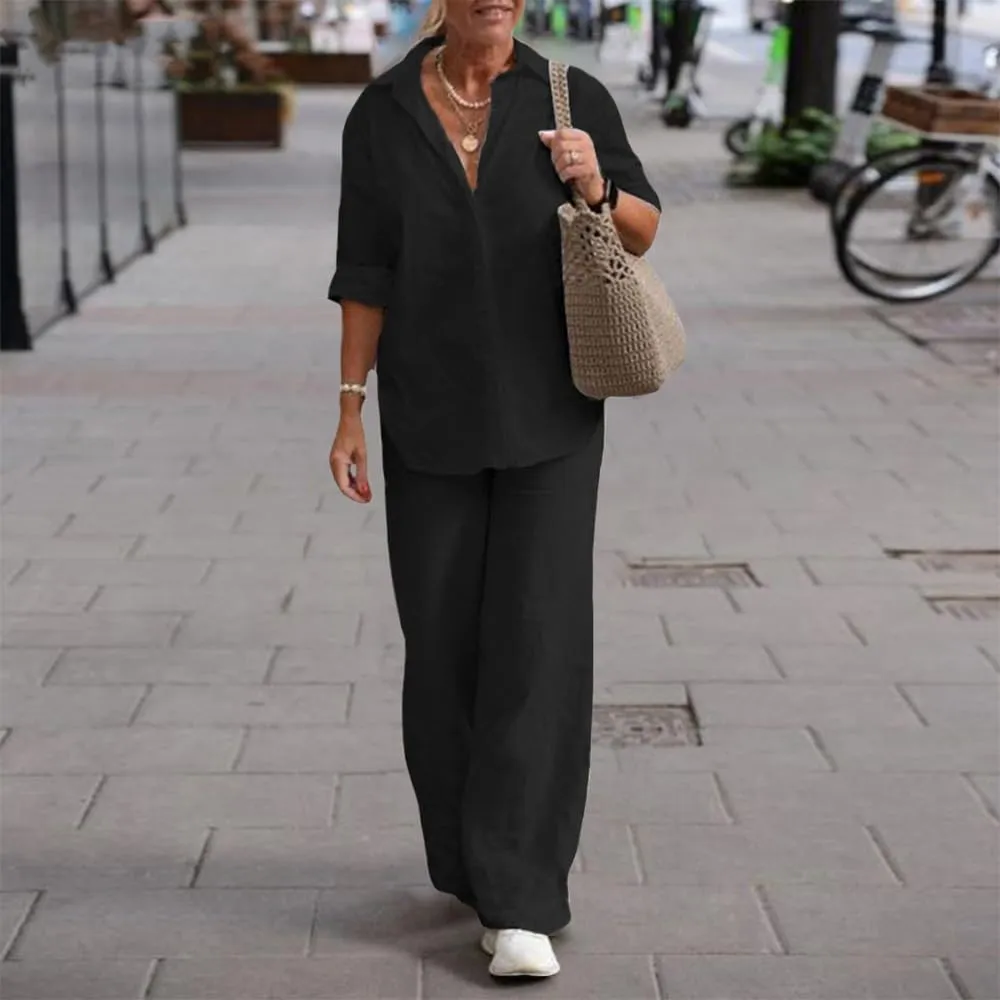 Womens Linen 2 Piece Pant Suits 3/4 Sleeve Button Down Tops and Pant Outfits Casual Summer Business Work Suits