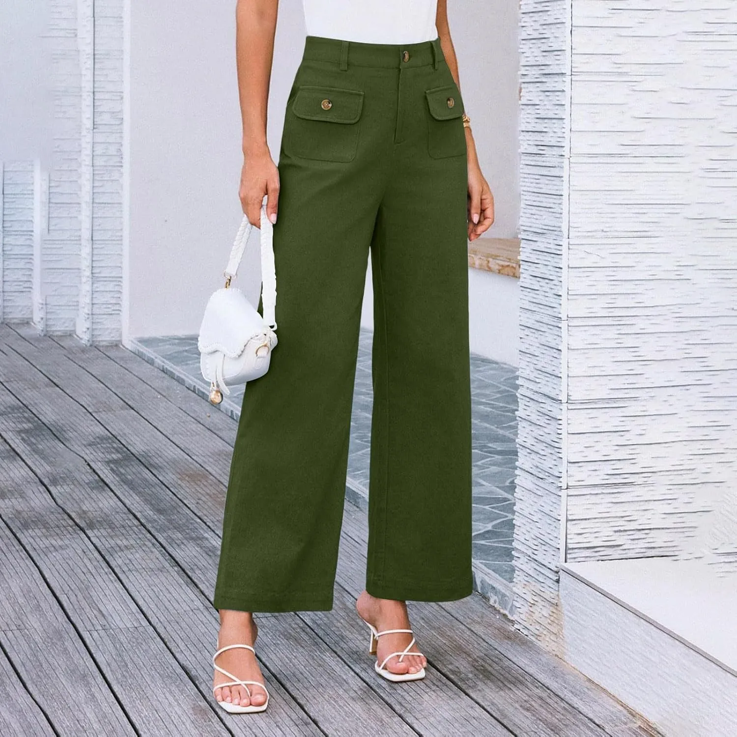 Womens Pants Formal Wide Leg Trousers High Waist Fit Casual Slacks Straight Fashion Pants with Pockets