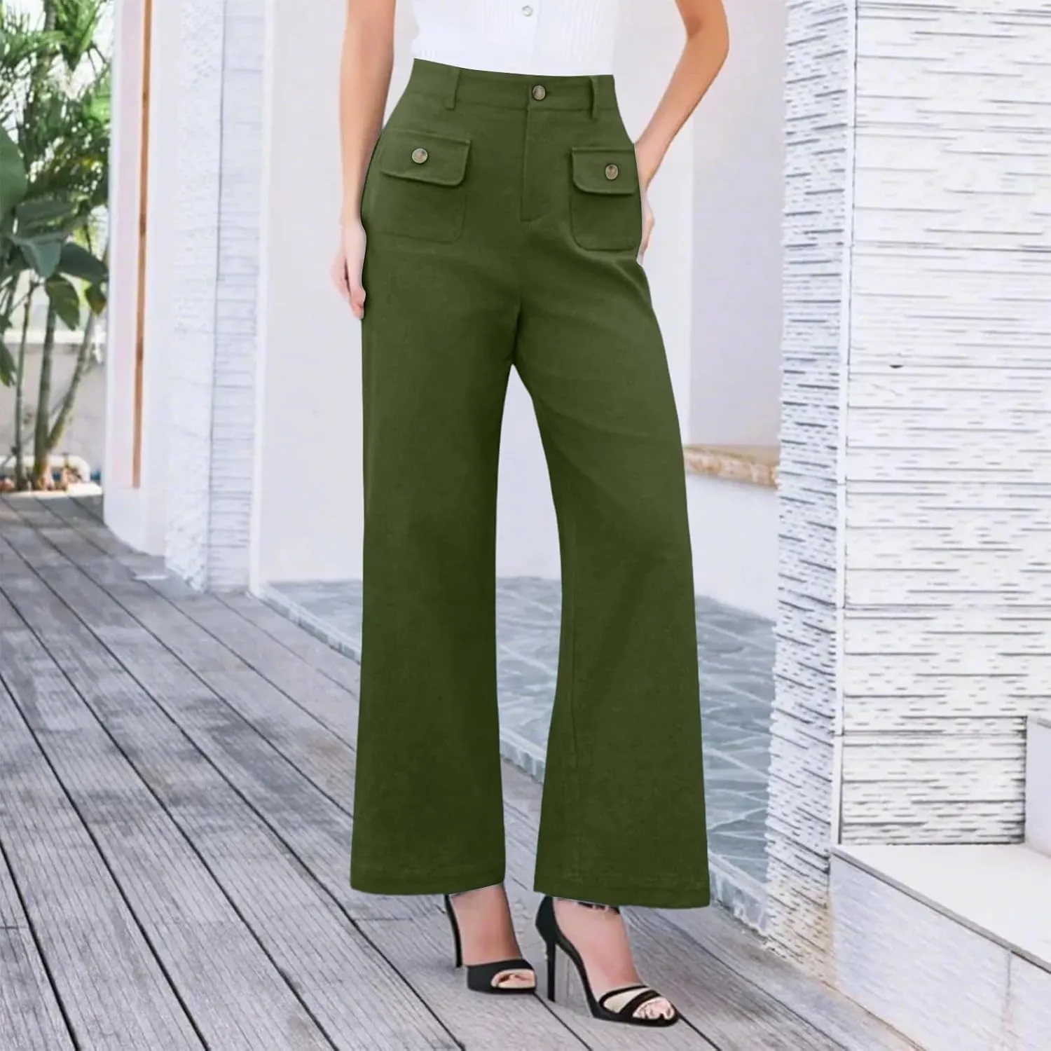 Womens Pants Formal Wide Leg Trousers High Waist Fit Casual Slacks Straight Fashion Pants with Pockets