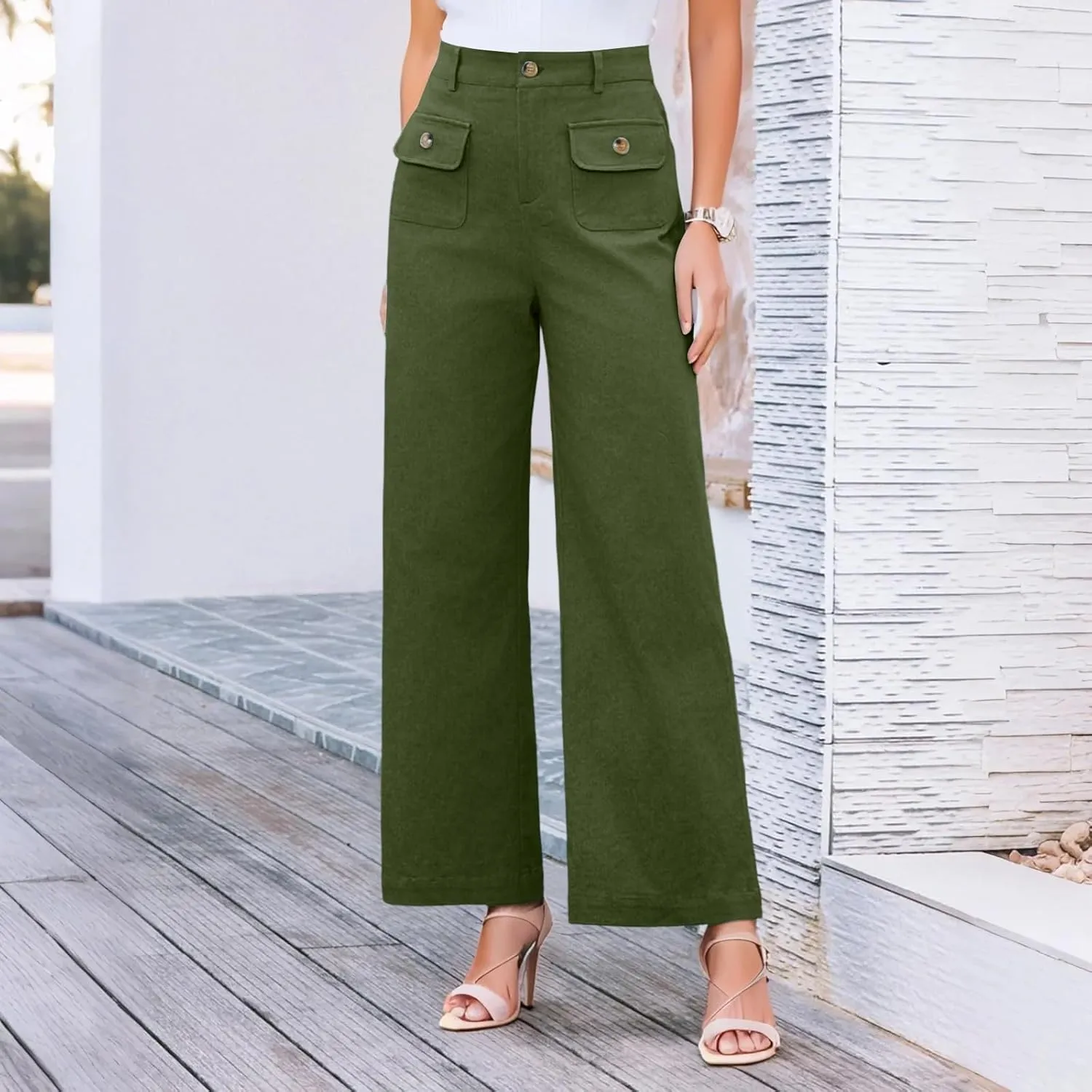 Womens Pants Formal Wide Leg Trousers High Waist Fit Casual Slacks Straight Fashion Pants with Pockets