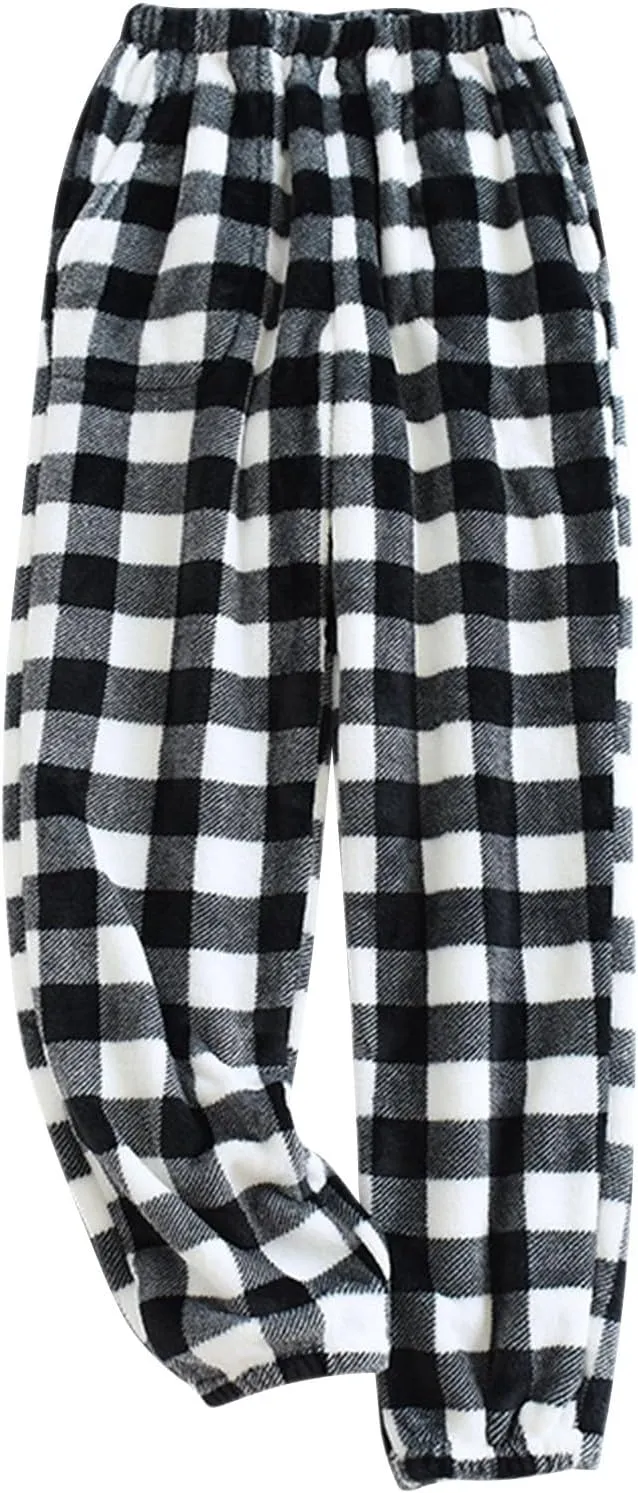 Women's Plaid Fluffy Pajama Pants Fuzzy Fleece Cozy Lounge Pants with Pockets Winter Warm Pj Bottoms Trousers