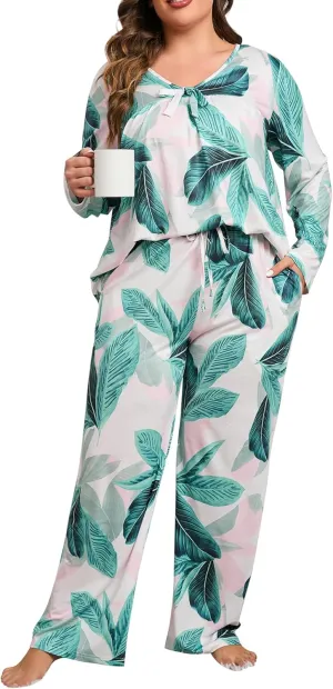 Women's Plus Size Pajama Sets 2 Piece Floral Print Loungewear V Neck Sleepwear XL-5XL