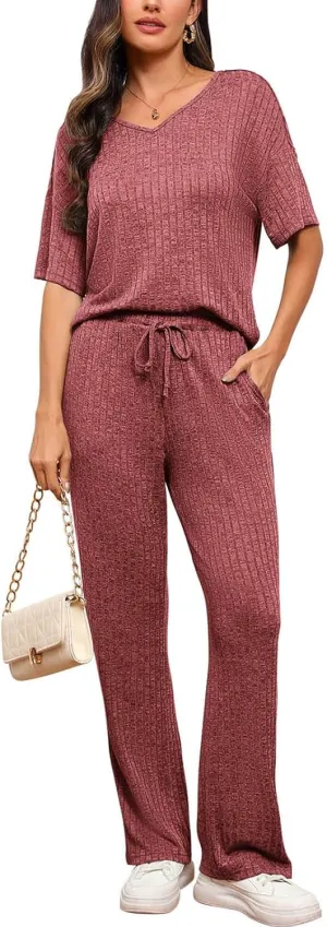Women's Ribbed Knit Lounge Sets Two Piece Short Sleeve V Neck Sweater Matching Pajama Set Tops and Long Pants