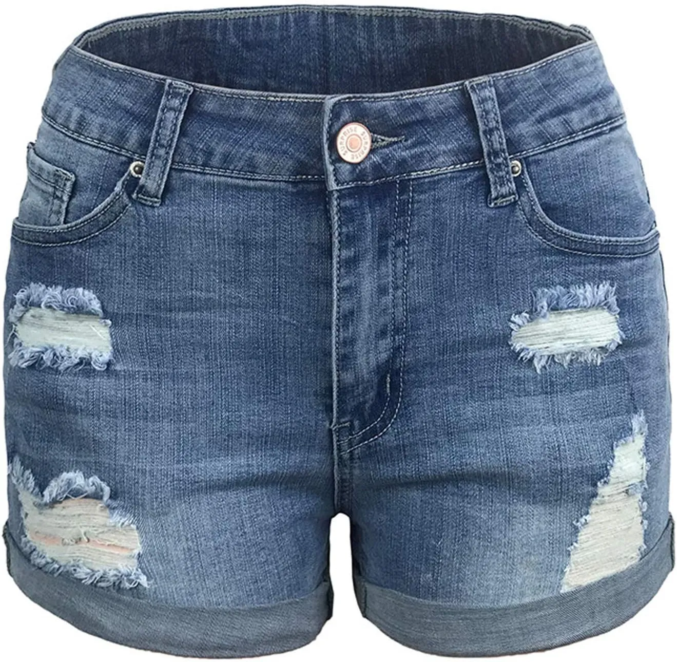 Women's Ripped Denim Jean Shorts High Waisted Stretchy Folded Hem Short Jeans Botton Waist Pocketed Casual Shorts