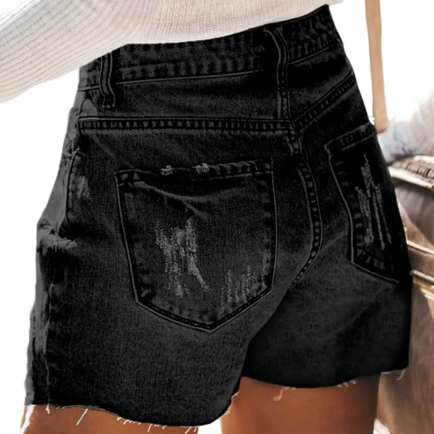 Women's Ripped Denim Jean Shorts High Waisted Stretchy Folded Hem Short Jeans Botton Waist Pocketed Casual Shorts