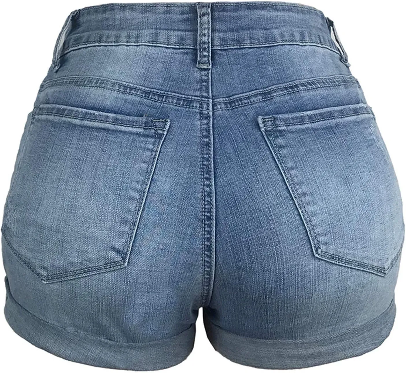Women's Ripped Denim Jean Shorts High Waisted Stretchy Folded Hem Short Jeans Botton Waist Pocketed Casual Shorts