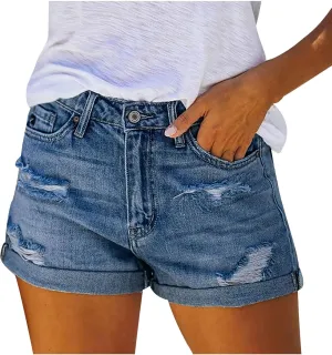 Women's Ripped Denim Jean Shorts High Waisted Stretchy Folded Hem Short Jeans Botton Waist Pocketed Casual Shorts