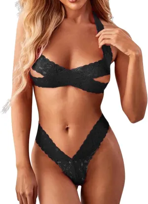 Women's Sexy Soft Hollow Out Lingerie Set Cut Out See Through Lace Matching Bra and Panty Sets with Leg Ring