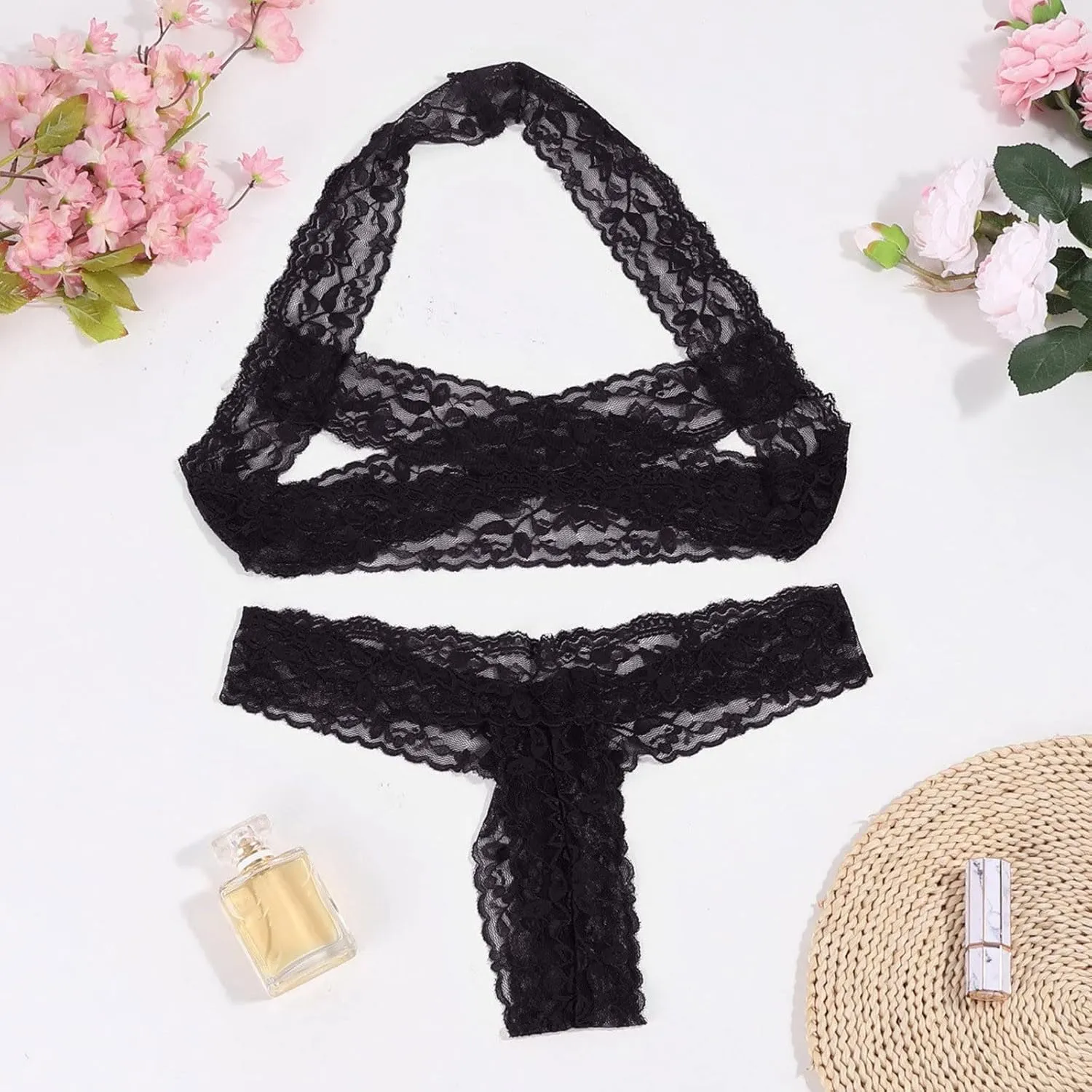 Women's Sexy Soft Hollow Out Lingerie Set Cut Out See Through Lace Matching Bra and Panty Sets with Leg Ring