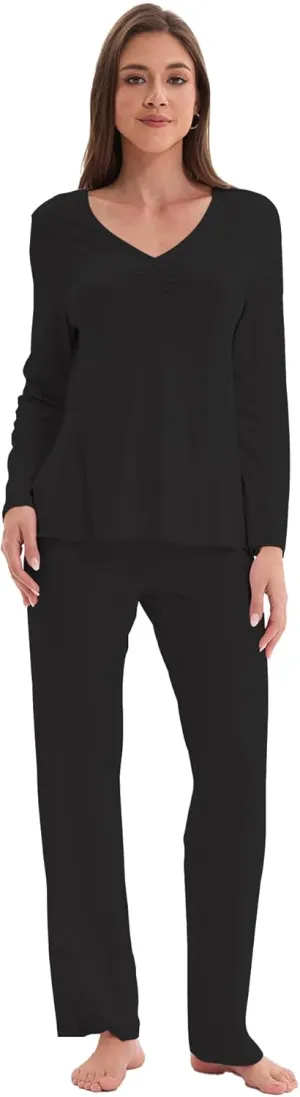 Women's Soft Knit Pajamas Set V-Neck Top and Pants Long Sleeve Two Piece Loungewear Elegant Wavy Hem Sleepwear