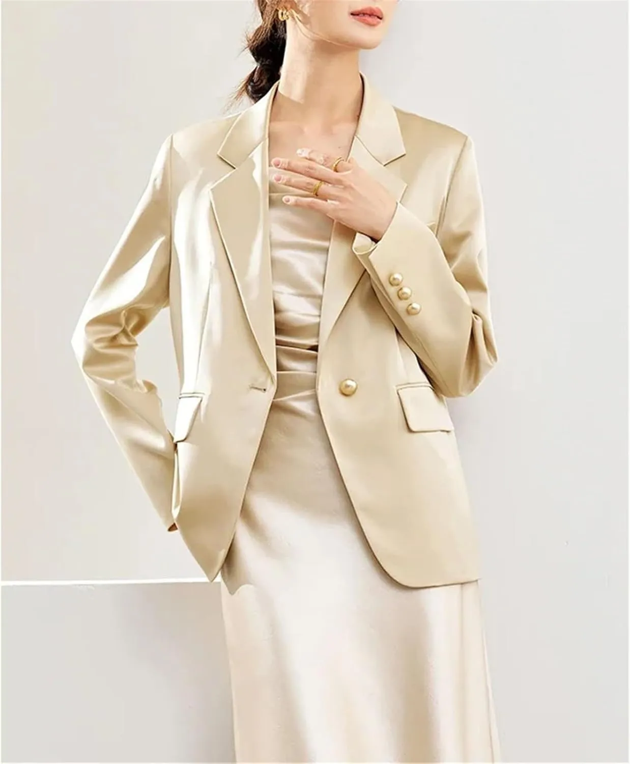Women's Solid Satin Blazers Spring Fall Casual Single Button Notched Collar Suit Jacket Long Sleeve Tailored Coat