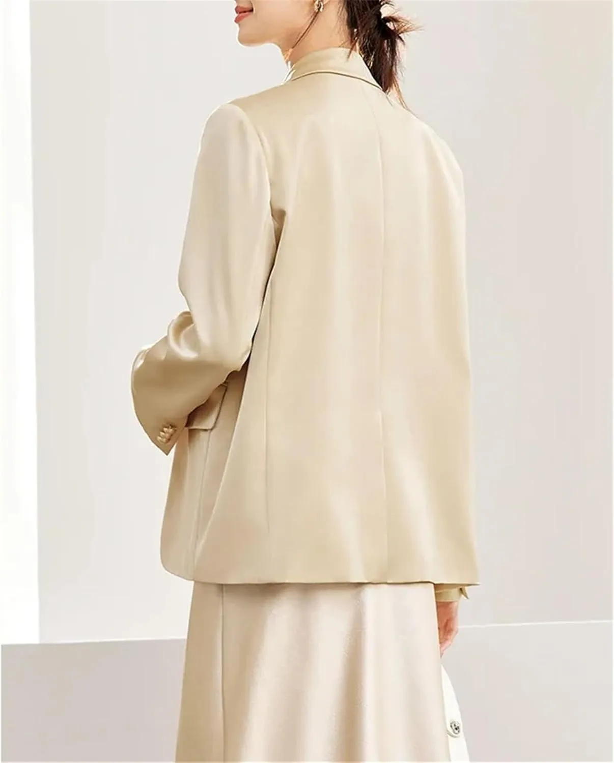 Women's Solid Satin Blazers Spring Fall Casual Single Button Notched Collar Suit Jacket Long Sleeve Tailored Coat
