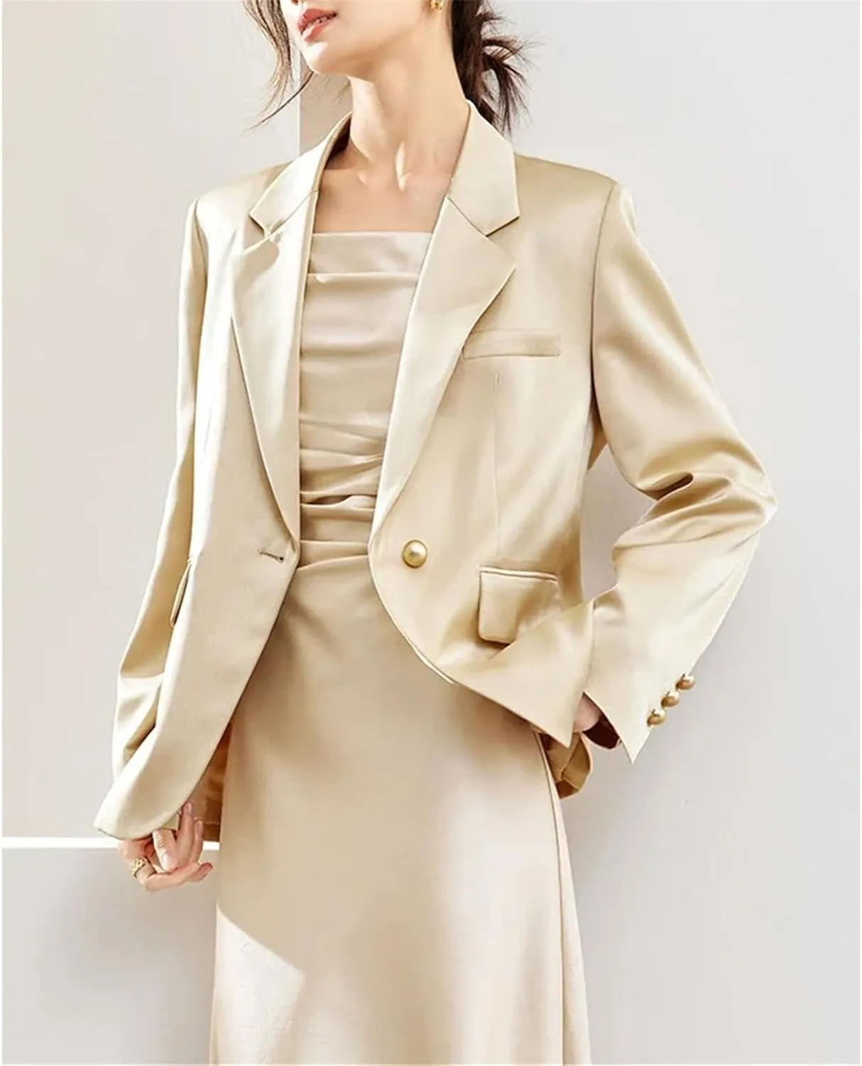 Women's Solid Satin Blazers Spring Fall Casual Single Button Notched Collar Suit Jacket Long Sleeve Tailored Coat