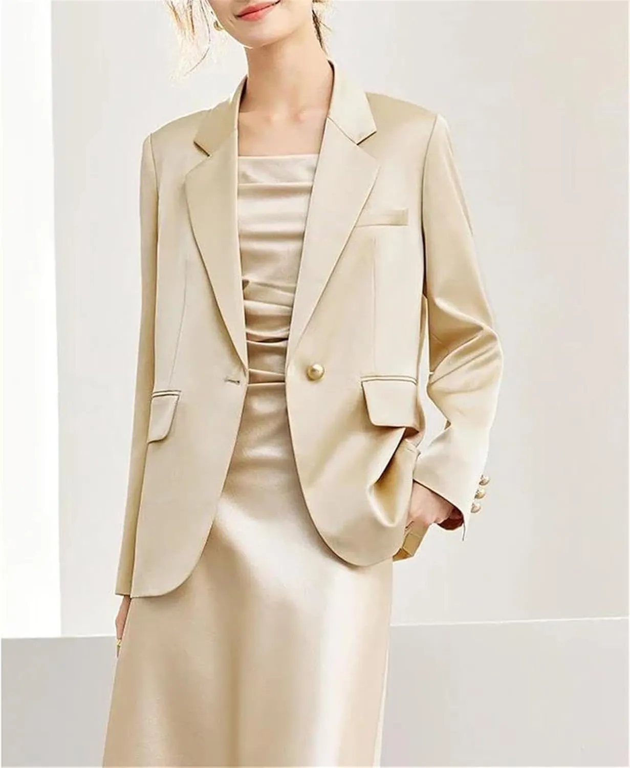 Women's Solid Satin Blazers Spring Fall Casual Single Button Notched Collar Suit Jacket Long Sleeve Tailored Coat