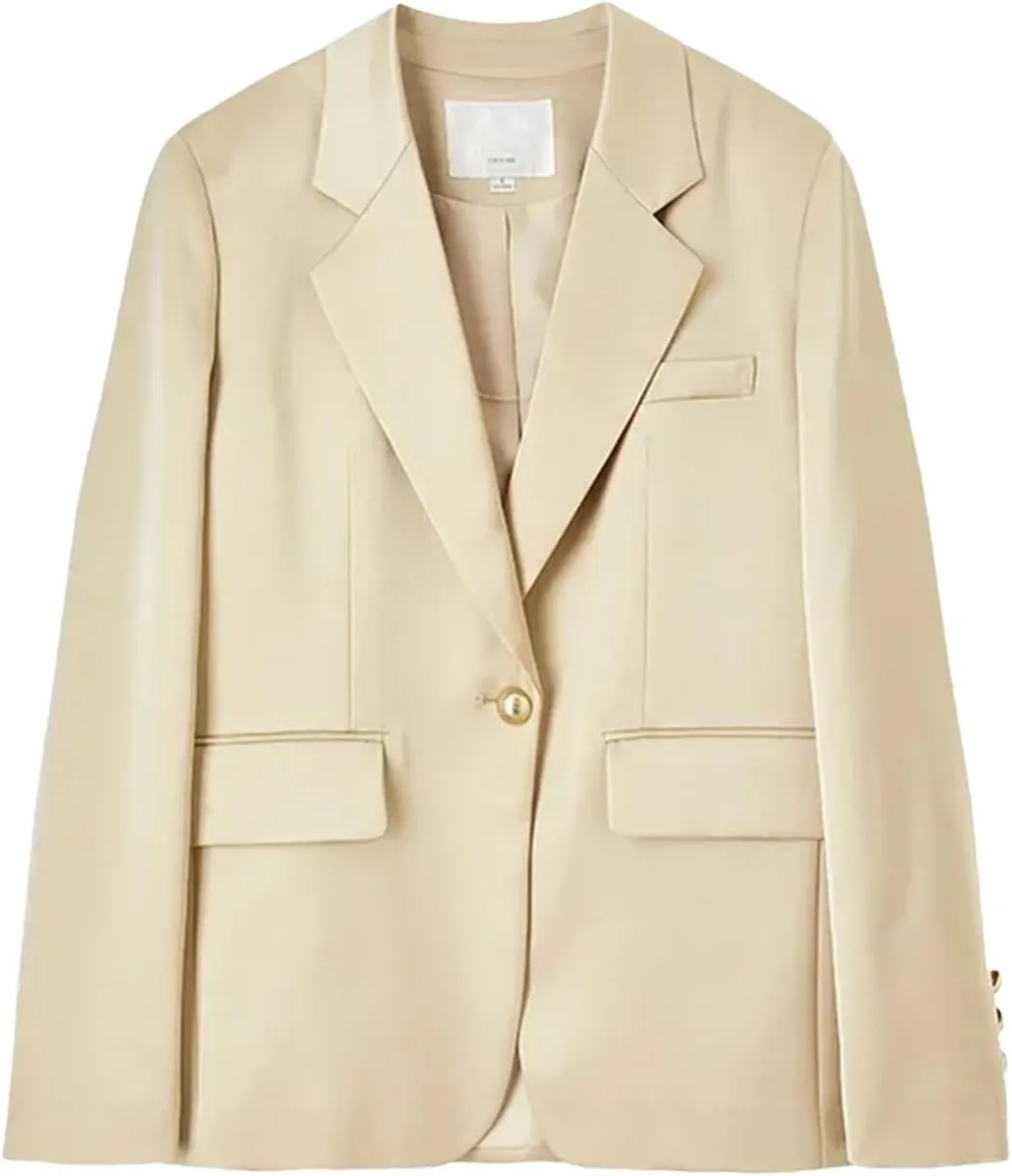 Women's Solid Satin Blazers Spring Fall Casual Single Button Notched Collar Suit Jacket Long Sleeve Tailored Coat