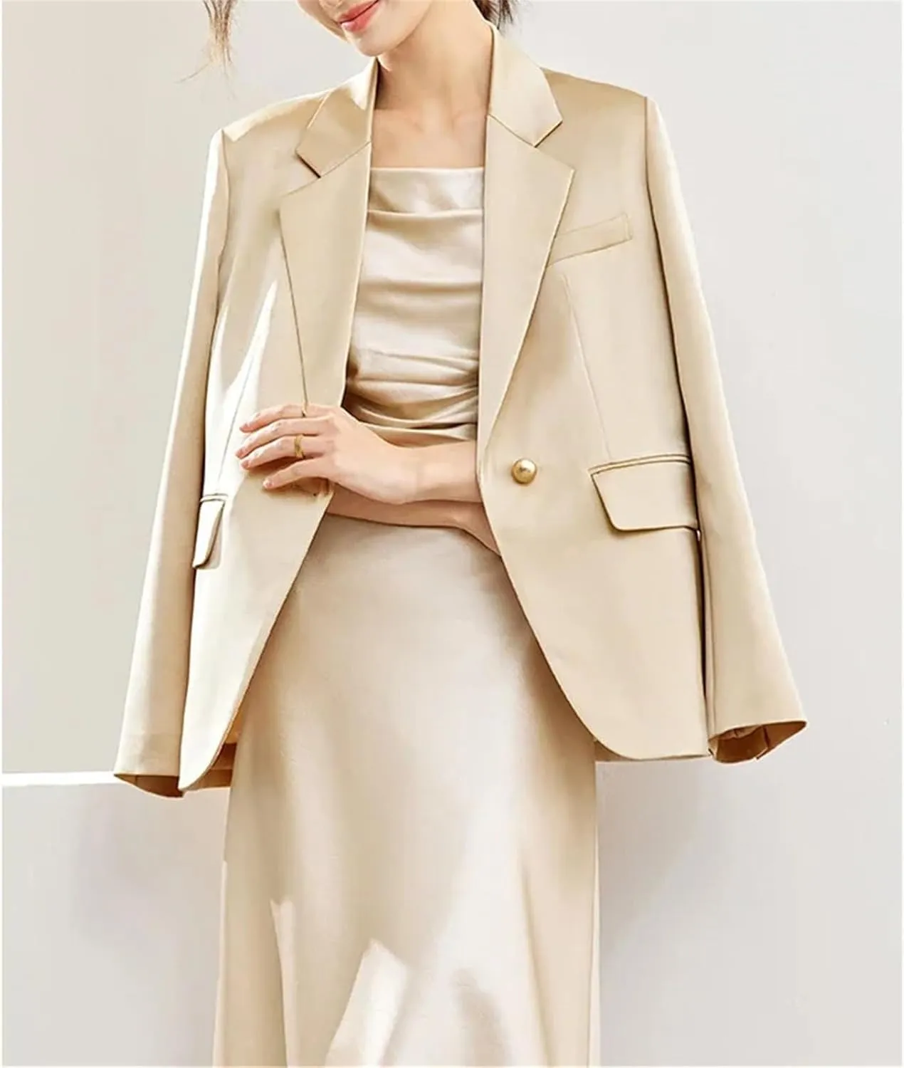 Women's Solid Satin Blazers Spring Fall Casual Single Button Notched Collar Suit Jacket Long Sleeve Tailored Coat