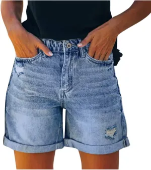 Women's Straight Fit Denim Shorts Summer Mid Waist Ripped Folded Hem Distressed Stretchy Jean Shorts Dressy Casual