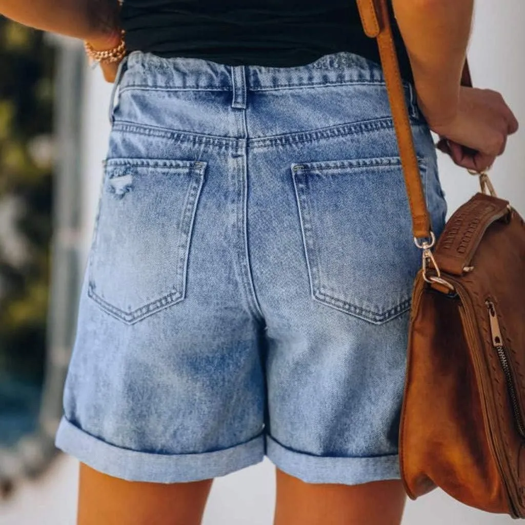 Women's Straight Fit Denim Shorts Summer Mid Waist Ripped Folded Hem Distressed Stretchy Jean Shorts Dressy Casual