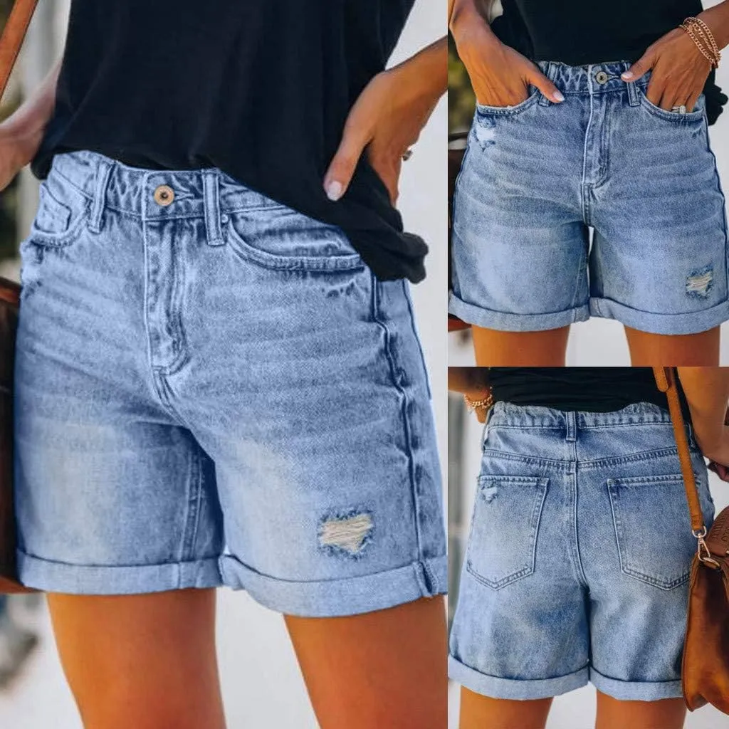 Women's Straight Fit Denim Shorts Summer Mid Waist Ripped Folded Hem Distressed Stretchy Jean Shorts Dressy Casual