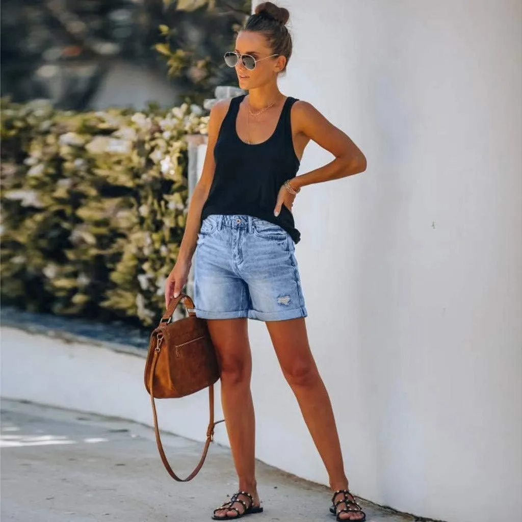 Women's Straight Fit Denim Shorts Summer Mid Waist Ripped Folded Hem Distressed Stretchy Jean Shorts Dressy Casual