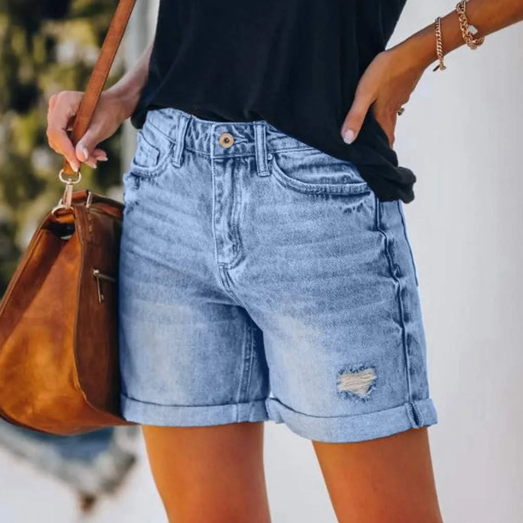 Women's Straight Fit Denim Shorts Summer Mid Waist Ripped Folded Hem Distressed Stretchy Jean Shorts Dressy Casual