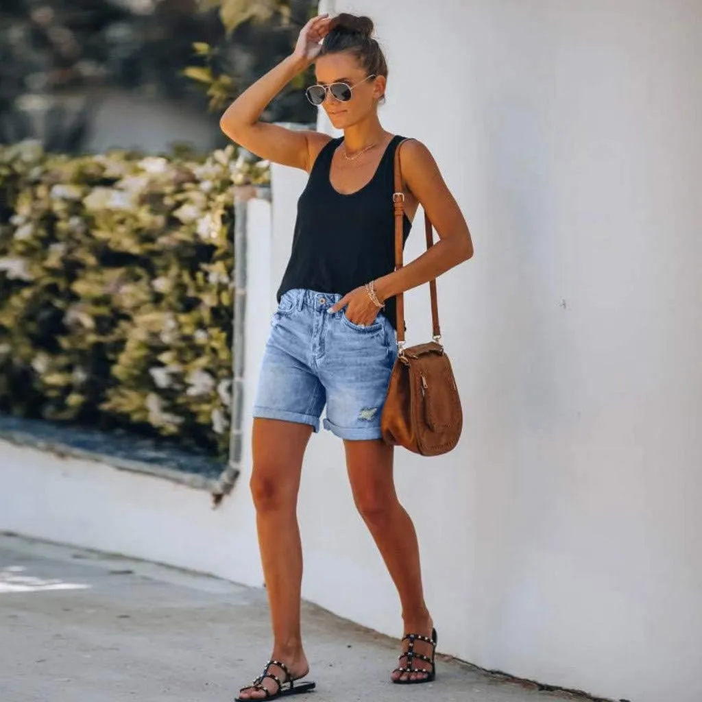 Women's Straight Fit Denim Shorts Summer Mid Waist Ripped Folded Hem Distressed Stretchy Jean Shorts Dressy Casual
