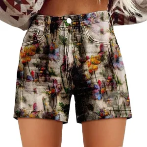 Women's Summer Denim Shorts Mid Waisted Stretchy Casual ArtRetro Printed Floral Workout Outfits Jean with Pockets