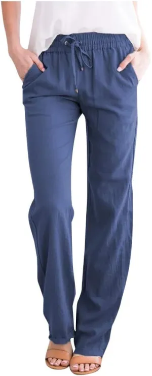 Womens Summer Linen Pants Linen Gauze Wide Leg Pants Straight Leg Business Casual Pants Beach Themed Lounge Pants