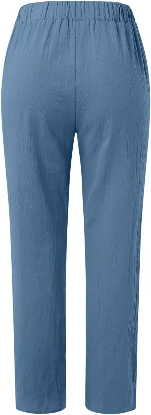 Womens Summer Pants Lightweight Casual Print Elastic Waist Straight Leg Trendy Pants Solid Color Comfort Trousers with Pocket