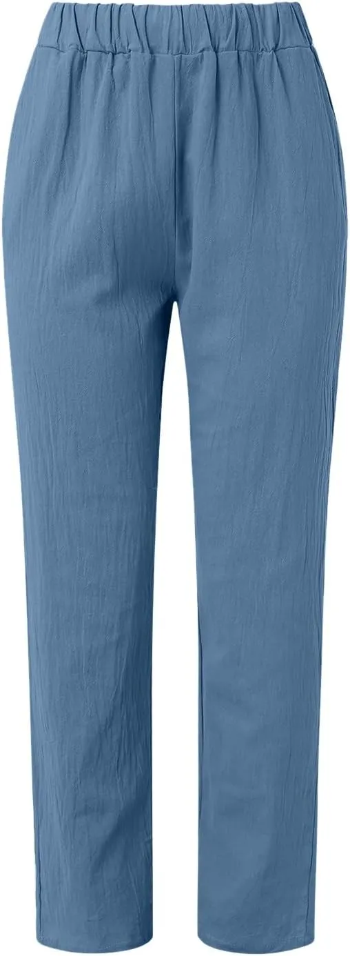 Womens Summer Pants Lightweight Casual Print Elastic Waist Straight Leg Trendy Pants Solid Color Comfort Trousers with Pocket