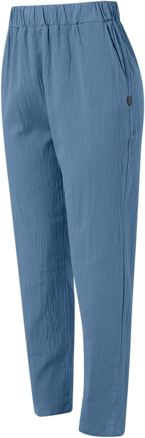 Womens Summer Pants Lightweight Casual Print Elastic Waist Straight Leg Trendy Pants Solid Color Comfort Trousers with Pocket