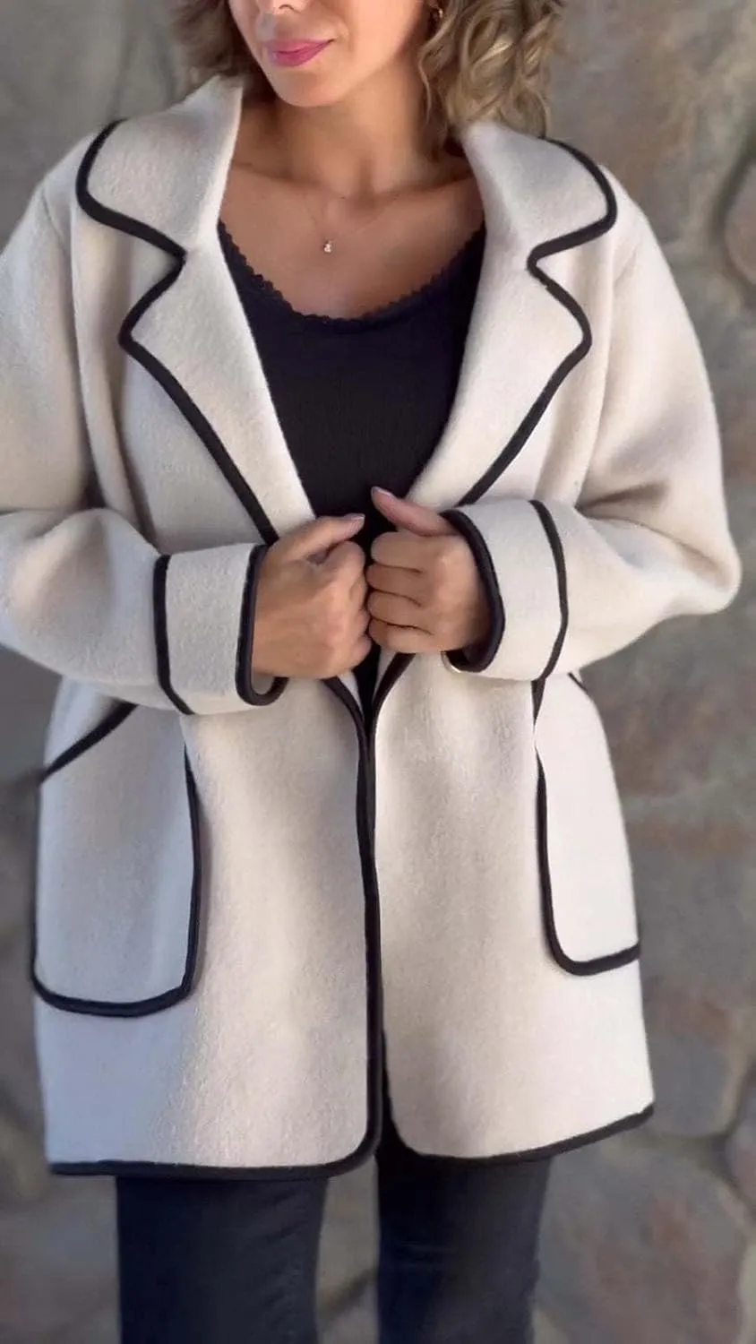 Women's Wool Blend Trech Coat Contrast Color Wool Winter Jacket Lapel Oversized Button Office Work Wool Outwear