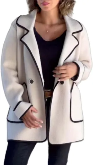 Women's Wool Blend Trech Coat Contrast Color Wool Winter Jacket Lapel Oversized Button Office Work Wool Outwear