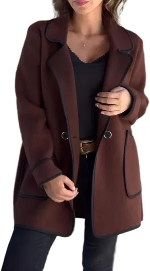 Women's Wool Blend Trech Coat Contrast Color Wool Winter Jacket Lapel Oversized Button Office Work Wool Outwear