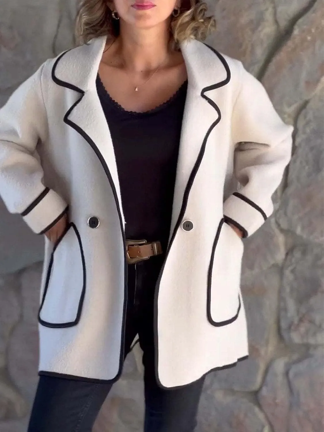 Women's Wool Blend Trech Coat Contrast Color Wool Winter Jacket Lapel Oversized Button Office Work Wool Outwear