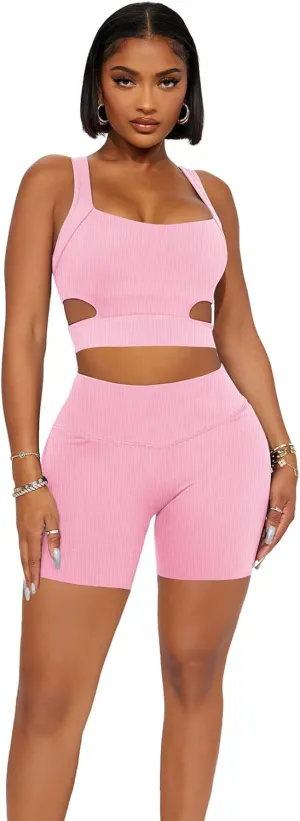 Workout Sets for Women 2 Piece Ribbed Seamless High Waist Shorts Yoga Outfits Pink