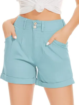 WROLEM Women Jean Shorts High Waisted Elastic Denim Casual Comfy Folded Hem Shorts with Pockets Summer Blue