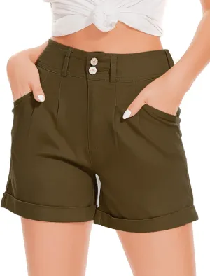 WROLEM Women Jean Shorts High Waisted Elastic Denim Casual Comfy Folded Hem Shorts with Pockets Summer