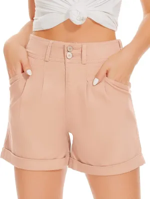 WROLEM Women Jean Shorts High Waisted Elastic Denim Casual Comfy Folded Hem Shorts with Pockets Summer
