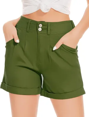 WROLEM Women Jean Shorts High Waisted Elastic Denim Casual Comfy Folded Hem Shorts with Pockets Summer