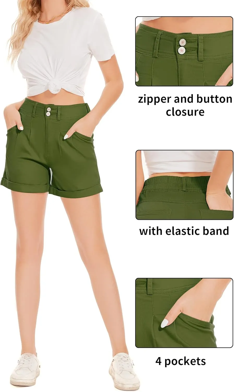 WROLEM Women Jean Shorts High Waisted Elastic Denim Casual Comfy Folded Hem Shorts with Pockets Summer