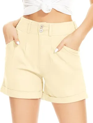 WROLEM Women Jean Shorts High Waisted Elastic Denim Casual Comfy Folded Hem Shorts with Pockets Summer