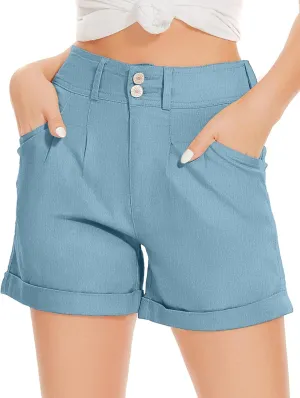WROLEM Women Jean Shorts High Waisted Elastic Denim Casual Comfy Folded Hem Shorts with Pockets Summer