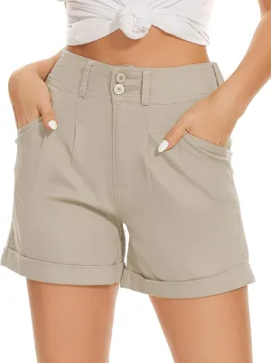 WROLEM Women Jean Shorts High Waisted Elastic Denim Casual Comfy Folded Hem Shorts with Pockets Summer