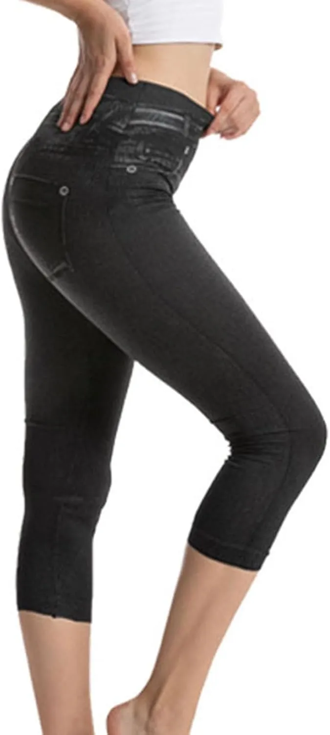 Yoga Trousers for Women Imitation Cowboy Printed High-Waist Leggings Pants Hip Lifting Slim Fitting Cropped Pants