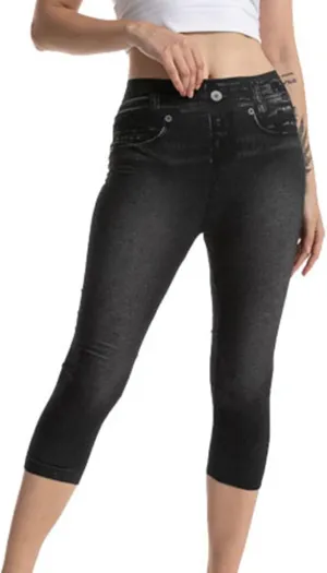 Yoga Trousers for Women Imitation Cowboy Printed High-Waist Leggings Pants Hip Lifting Slim Fitting Cropped Pants